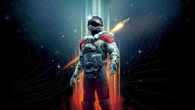 A Starfield character stands in front of a rocket launch.