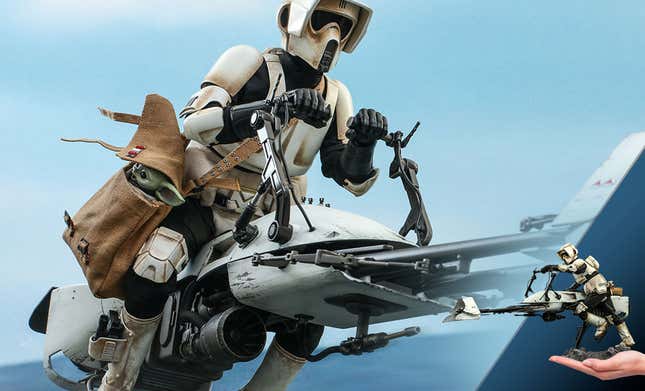 A 12-inch Scout Trooper toy riding a speeder bike from Star Wars.